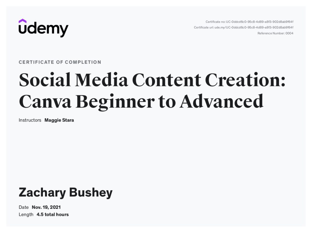 SMM Certificate for Zachary Bushey Founder and CEO of QVIR Media LLC a Social Media Marketing Agency in Plattsburgh New York